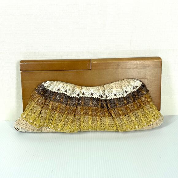 RETRO Woven Clutch Purse Wood Festival Boho Bohemian 70s Neutral Summer Fall - Picture 5 of 11